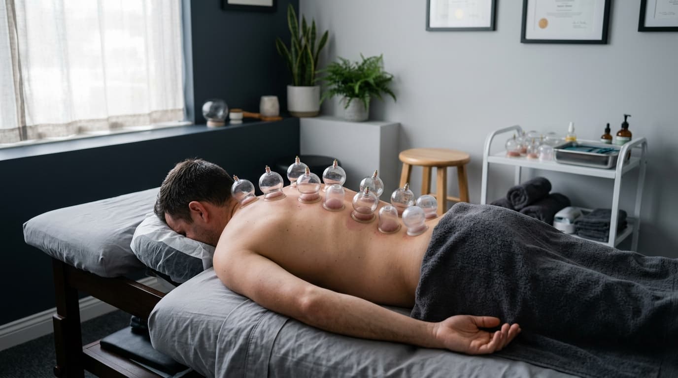 Male patient receiving medi cupping therapy with cups on his back